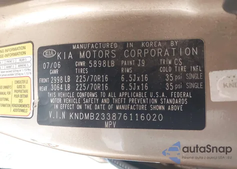 2007 Kia Sedona Lx from USA, damaged, VIN KNDMB233876116020